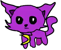 a purple cat is holding a yellow banana in its mouth