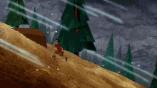 a cartoon of a man running up a hill with trees in the background