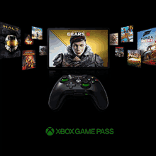 an xbox game pass advertisement with a controller in front of a screen with gears 5 on it