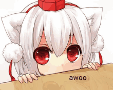 a drawing of a girl with red eyes and the word awoo below her