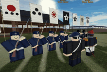 a group of roblox characters are standing in front of flags and one of them has the name tower hunter