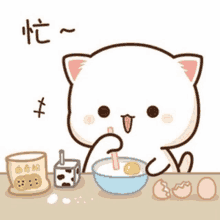 a cartoon cat is sitting at a table with a bowl of food and a milk carton .