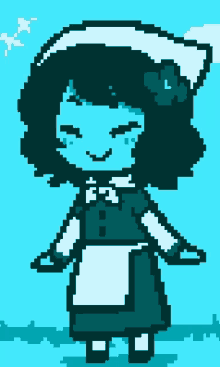 a pixel art of a girl wearing a white hat