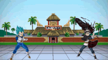 a cartoon of vegeta and a black clover character fighting in front of a building with chinese characters on it