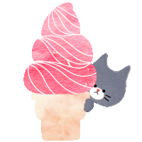 a cat peeking out from behind an ice cream cone with pink frosting