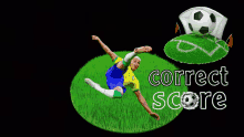 a soccer player is kicking a soccer ball and the words correct score are below him