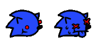 a cartoon of a blue sonic the hedgehog with a red eye