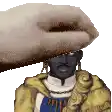 a hand is holding a statue of a man 's head in a pixel art style .
