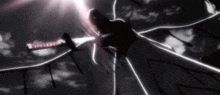 a person is holding a sword in their hand in a black and white video game .