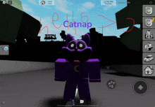 a purple cat in a video game with the word catnap written on the screen