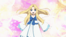 a girl with blonde hair and white wings is wearing a blue bow