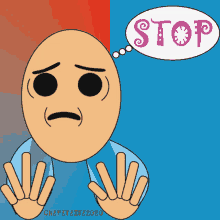 a cartoon drawing of a man with a thought bubble that says stop