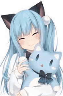 a blue haired anime girl with cat ears is holding a stuffed cat .