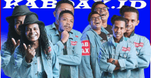 a group of men are posing for a picture and one of their jackets says kab ax on it