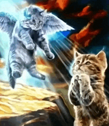 a painting of two cats one of which has wings on