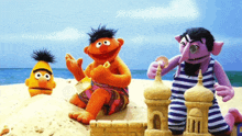 sesame street characters playing in the sand at the beach