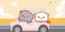 two cats are riding in a pink car on the road .