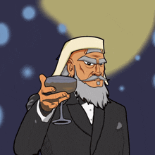 a cartoon of a man with a beard holding a glass