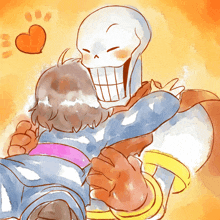 a drawing of a skeleton hugging a girl with a heart above them