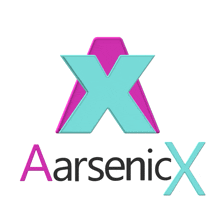 a logo for aarsenicx with a pink x and a blue x