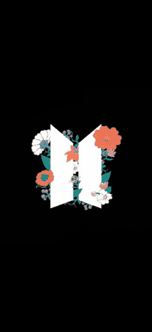 a white letter m is surrounded by flowers on a black background .