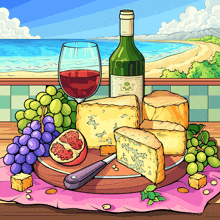 a bottle of wine sits on a cutting board surrounded by cheese grapes and pomegranates