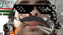 a man wearing sunglasses and a mustache is smoking a cigarette and cutting a cigarette with scissors