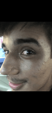 a close up of a man 's face with water drops on his face