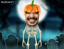 a cartoon of a skeleton with a pumpkin on his head and the words multivers x on the bottom