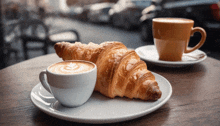 a croissant and a cup of coffee are on a table