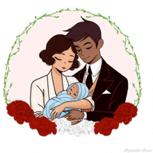 a cartoon drawing of a man and woman holding a baby in their arms