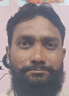 a close up of a man 's face with a beard and mustache