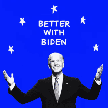 a man in a suit and tie stands in front of a blue background with the words better with biden written on it