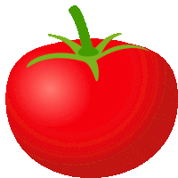 a tomato with a green stem and leaves on a white background