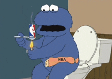 a cookie monster is sitting on a toilet smoking a cigarette with the nba logo on it