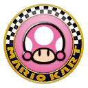 a pink mario kart logo with a mushroom in the center