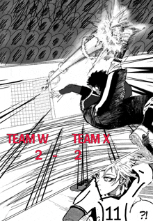 a black and white drawing of a volleyball game with team w and team x written in red