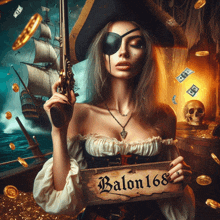 a woman dressed as a pirate holds a sign that says balon168