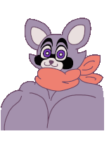 a drawing of a raccoon with purple eyes and a scarf around his neck