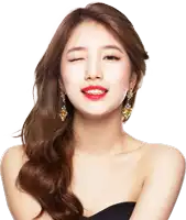 a woman with red lipstick and gold earrings winks her eye