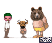 a bull a bear and a man are standing next to each other with a moon sama logo behind them