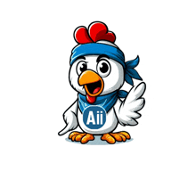 a cartoon chicken wearing a blue bandana with the letters aii