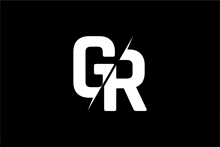 the letter gr is cut in half and looks like a lightning bolt on a black background .