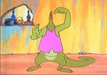 a cartoon lizard is flexing his muscles in front of a skull and fire .