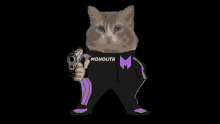 a cat is holding a gun and wearing a jacket that says monolith on it