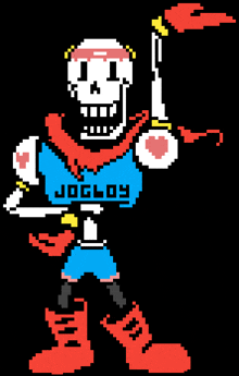 a pixel art of papyrus holding a torch with the word jogloy written on his shirt