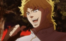 dio from jojo 's bizarre adventure is making a funny face and pointing at the camera .