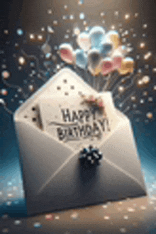 a birthday card is coming out of an envelope with balloons and confetti .