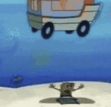 a spongebob squarepants character is standing on a beach in front of a boat in the ocean .