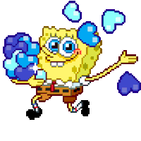 a pixel art drawing of spongebob surrounded by blue hearts and bubbles